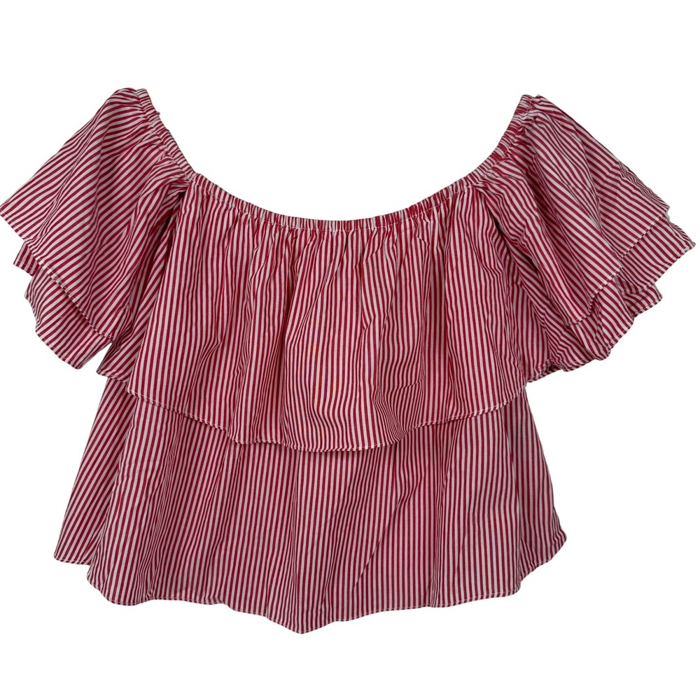Buddy Basics Off Shoulder Top Womens Med Red White Striped Camden Ruffle Cotton